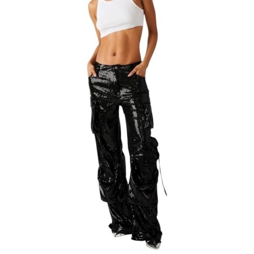 Steve Madden Black Duo Sequin Stylish Baggy Straight Leg Cargo Pants XS